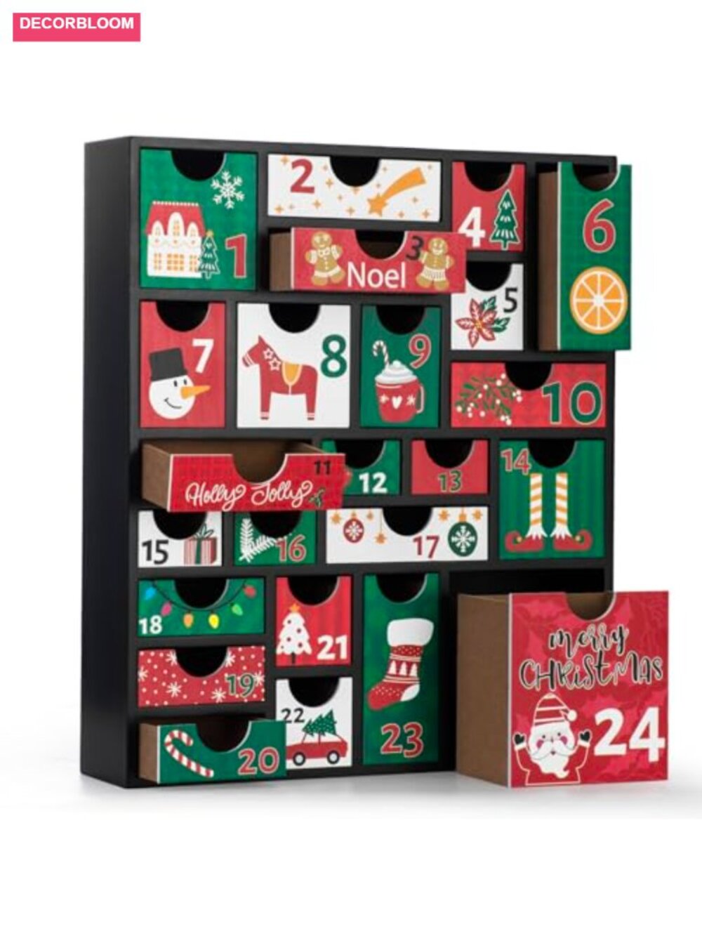 Wooden Advent Calendar Christmas Countdown 24 Fillable Boxes Reusable Tabletop